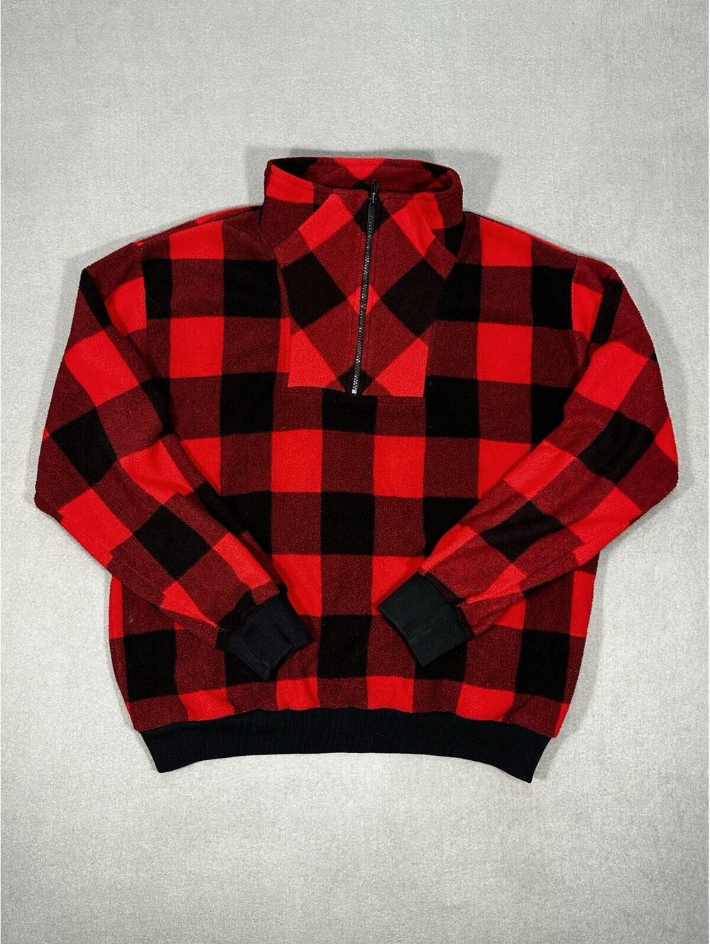 Le Tigre Men’s Large Red Black Plaid 1/4 Zip Fleece Pullover Jacket